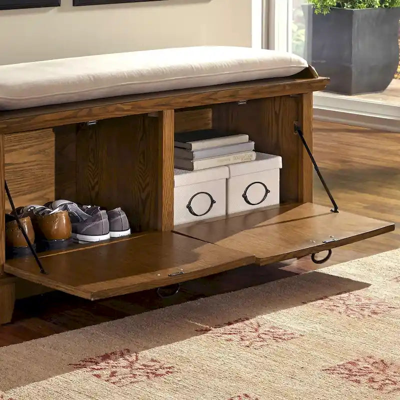 Mission-Style Upholstered Storage Bench with Drop-Down Doors
