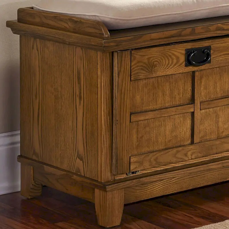 Mission-Style Upholstered Storage Bench with Drop-Down Doors