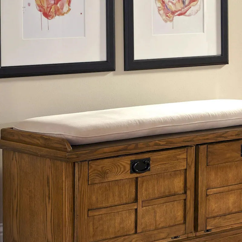 Mission-Style Upholstered Storage Bench with Drop-Down Doors