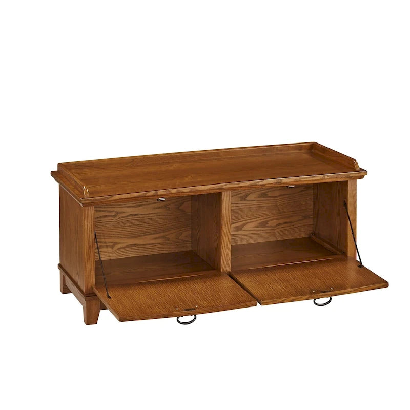 Mission-Style Upholstered Storage Bench with Drop-Down Doors