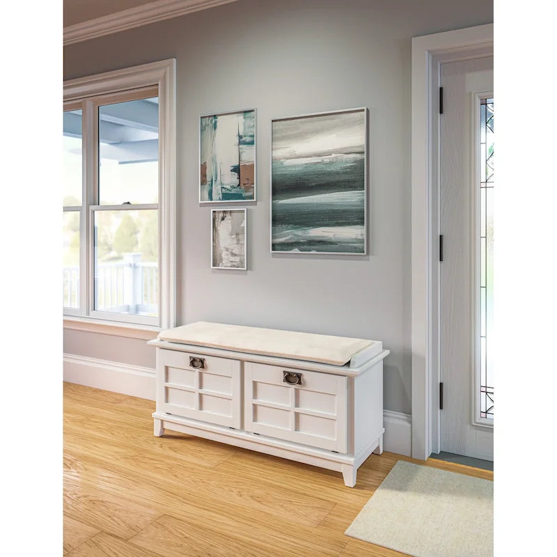 Mission-Style Upholstered Storage Bench with Drop-Down Doors