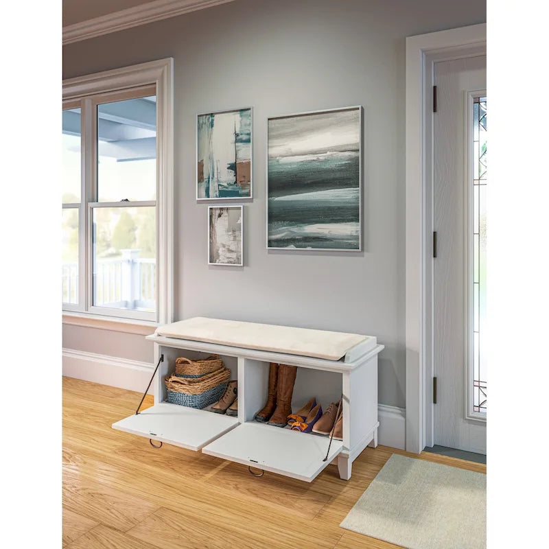 Mission-Style Upholstered Storage Bench with Drop-Down Doors