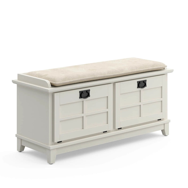 Mission-Style Upholstered Storage Bench with Drop-Down Doors