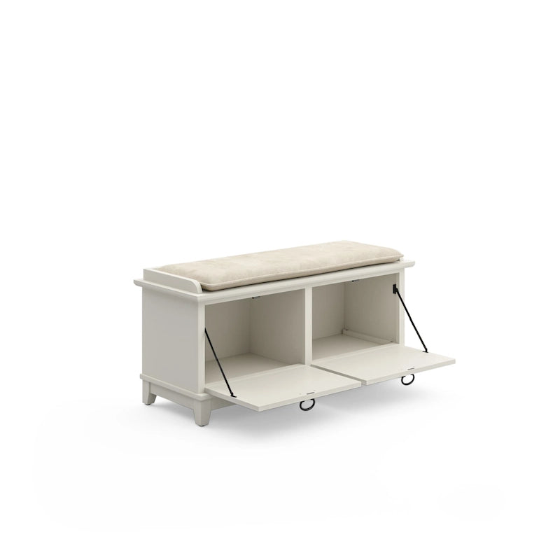 Mission-Style Upholstered Storage Bench with Drop-Down Doors