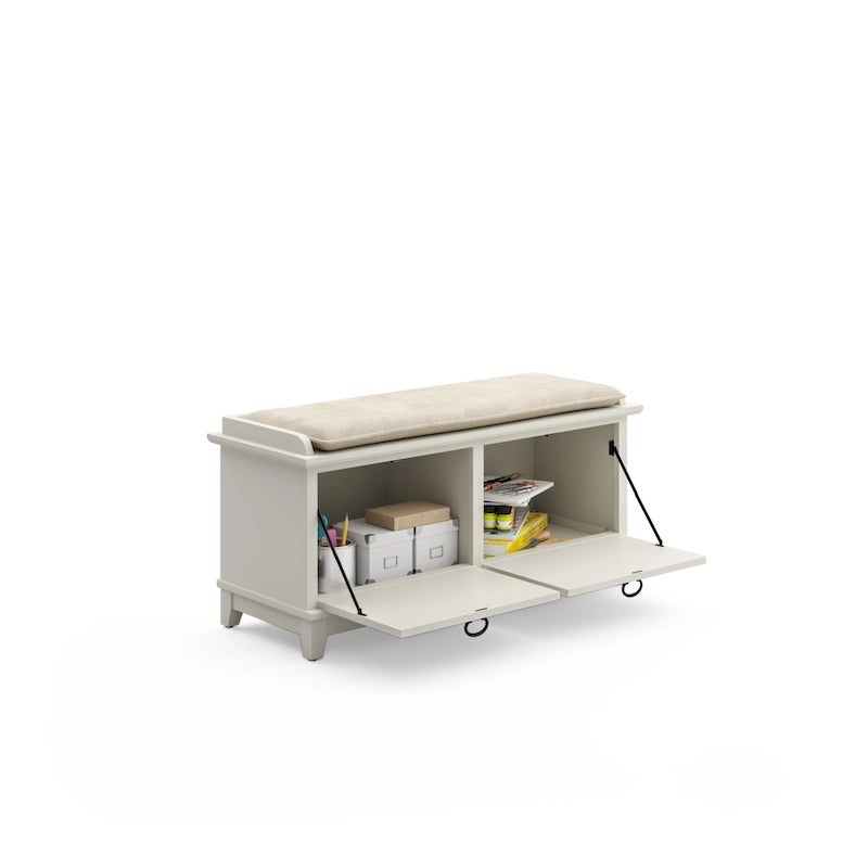 Mission-Style Upholstered Storage Bench with Drop-Down Doors