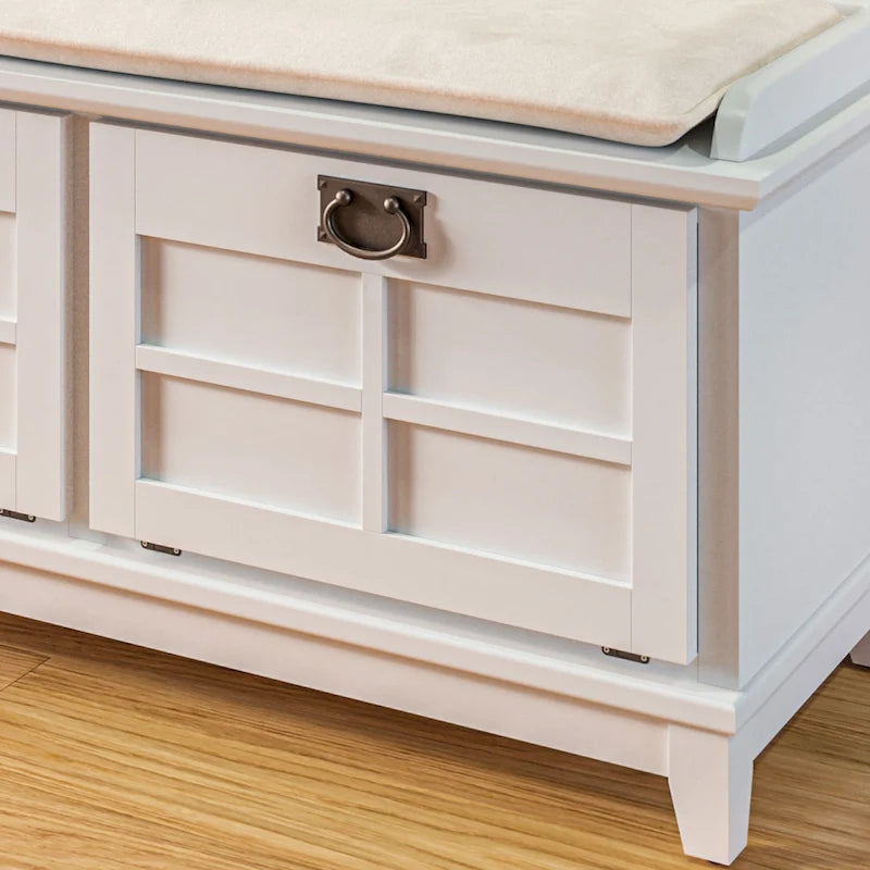 Mission-Style Upholstered Storage Bench with Drop-Down Doors