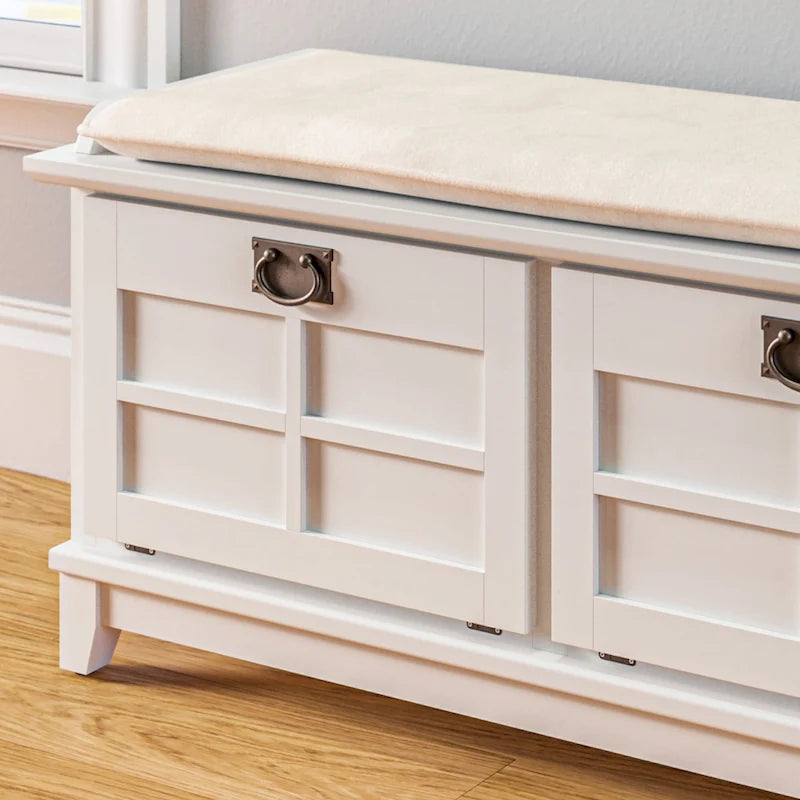 Mission-Style Upholstered Storage Bench with Drop-Down Doors