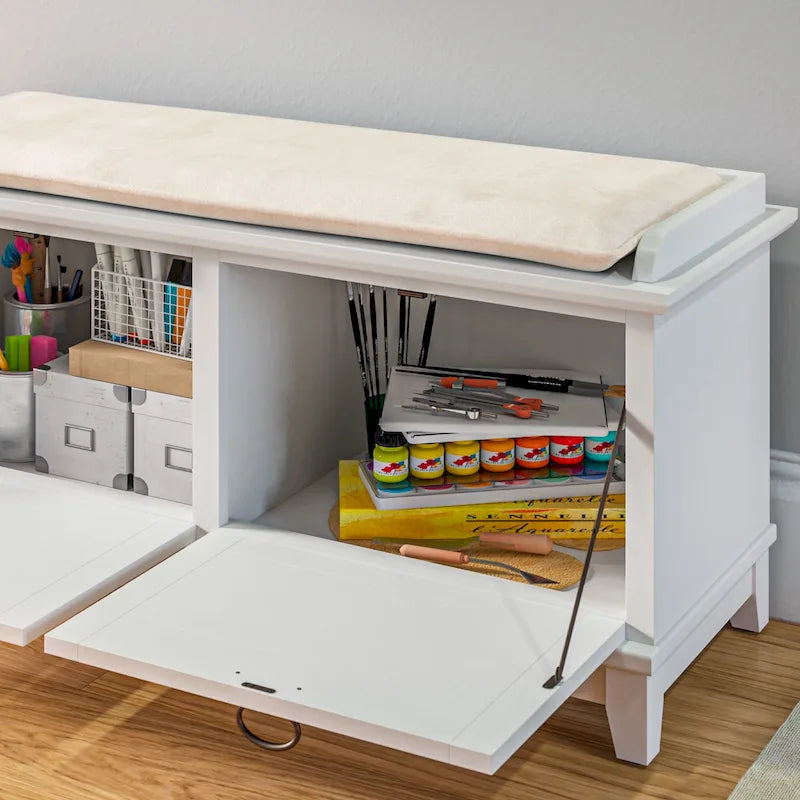Mission-Style Upholstered Storage Bench with Drop-Down Doors