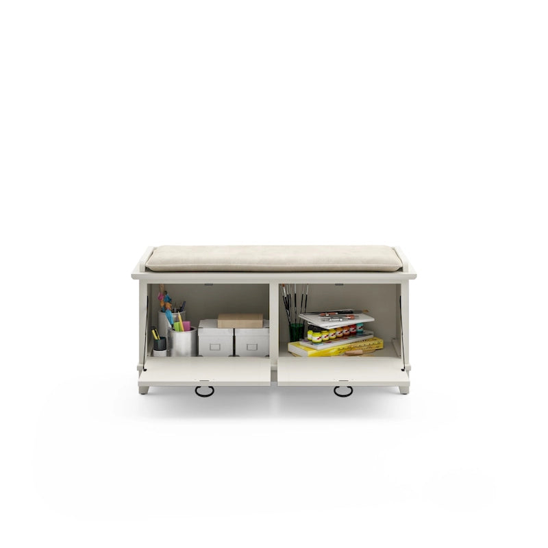 Mission-Style Upholstered Storage Bench with Drop-Down Doors