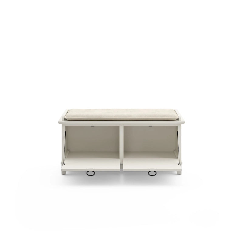 Mission-Style Upholstered Storage Bench with Drop-Down Doors
