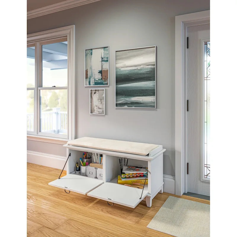 Mission-Style Upholstered Storage Bench with Drop-Down Doors