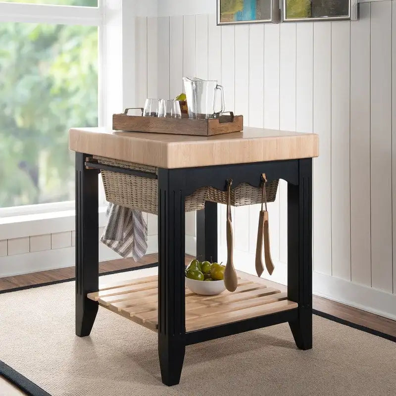 Butcher Block Kitchen Island with Drawers and Utensil Hooks