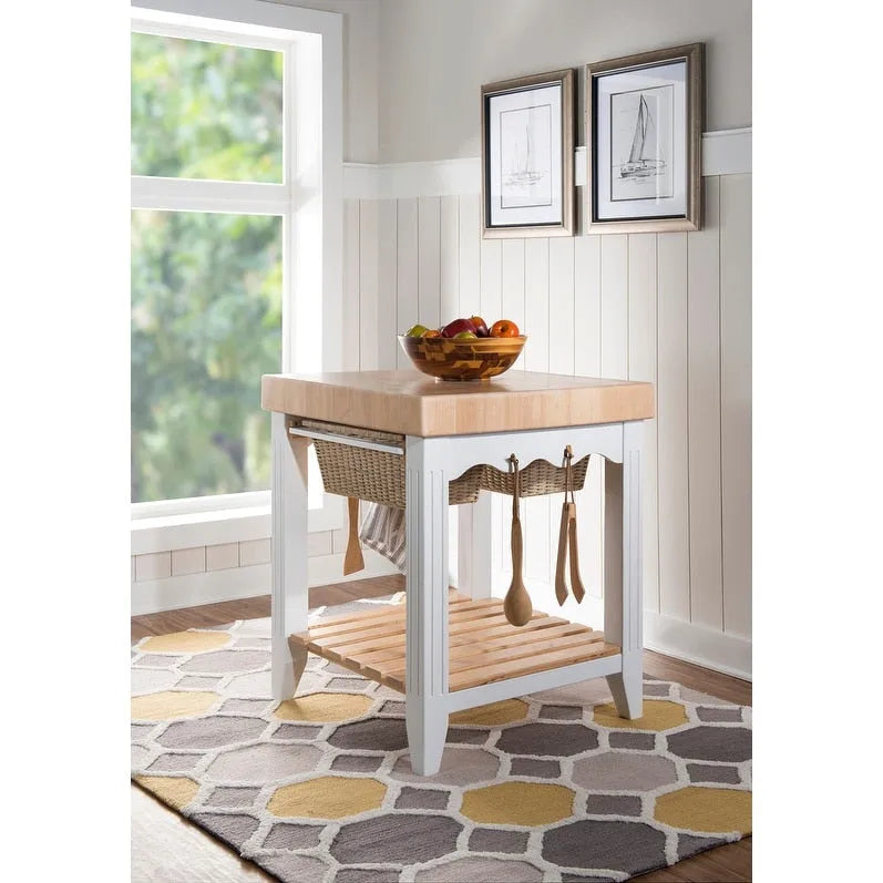 Butcher Block Kitchen Island with Drawers and Utensil Hooks