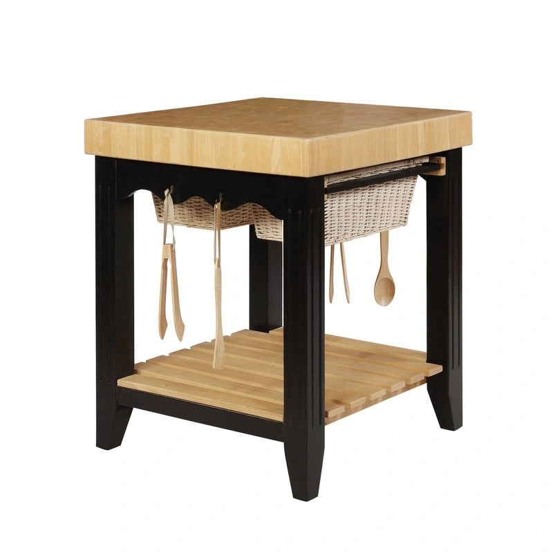 Butcher Block Kitchen Island with Drawers and Utensil Hooks
