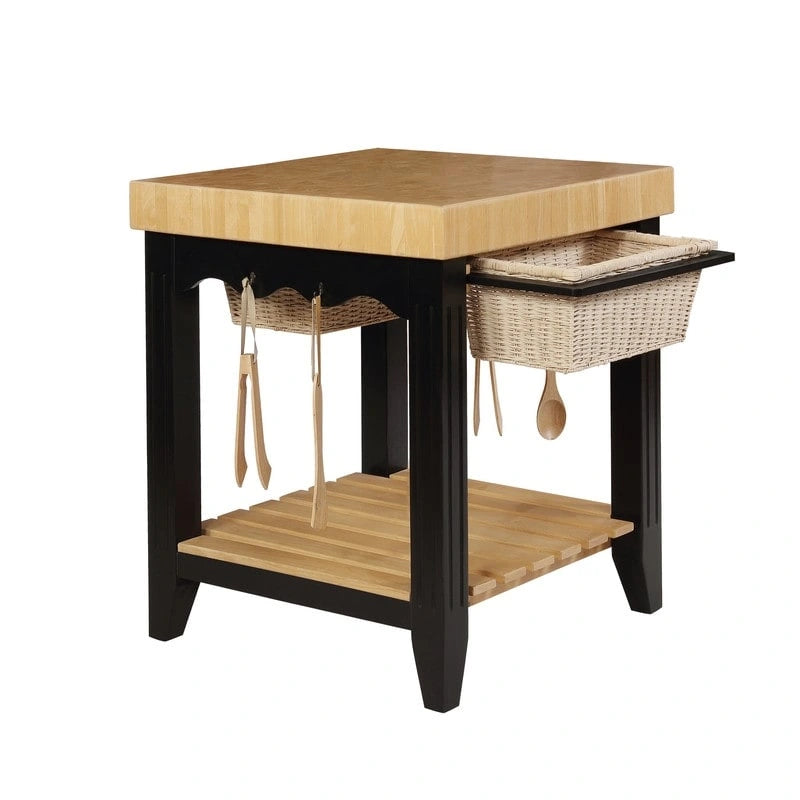 Butcher Block Kitchen Island with Drawers and Utensil Hooks