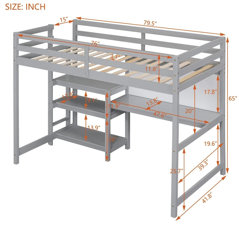 Wooden Loft Bed with Shelves and Desk