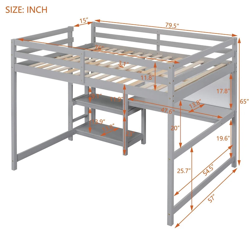 Wooden Loft Bed with Shelves and Desk