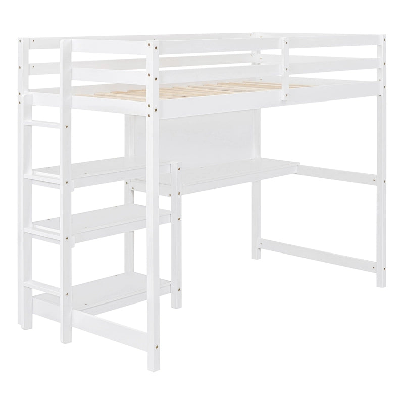 Wooden Loft Bed with Shelves and Desk