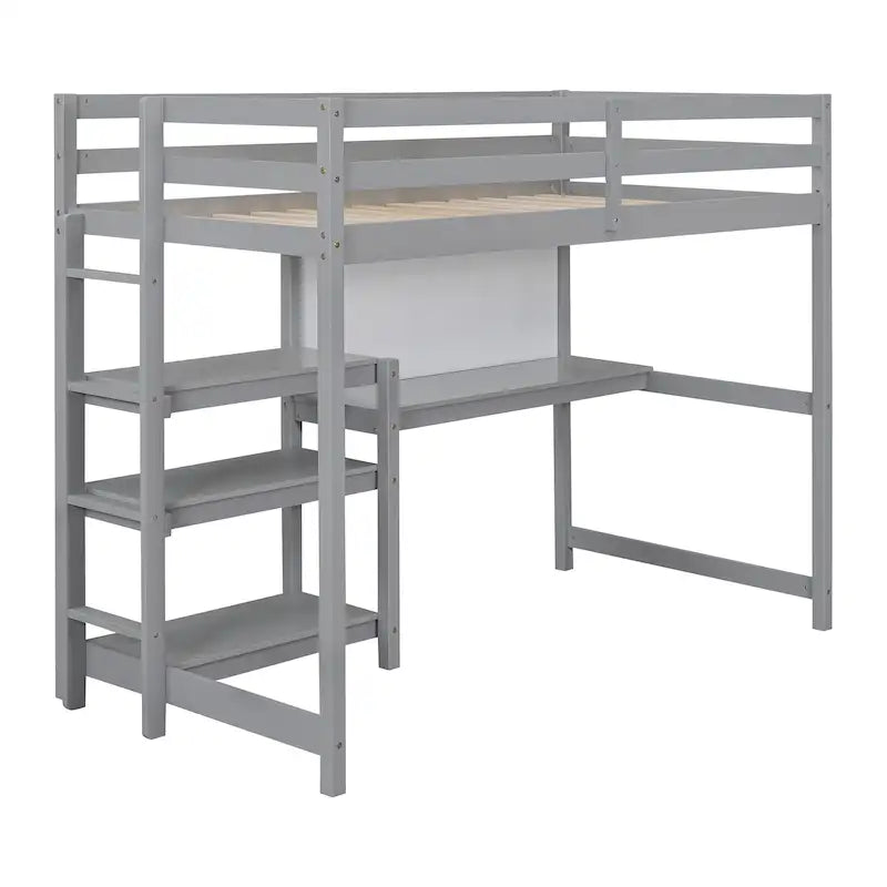 Wooden Loft Bed with Shelves and Desk