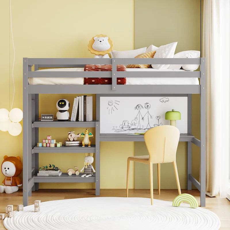 Wooden Loft Bed with Shelves and Desk