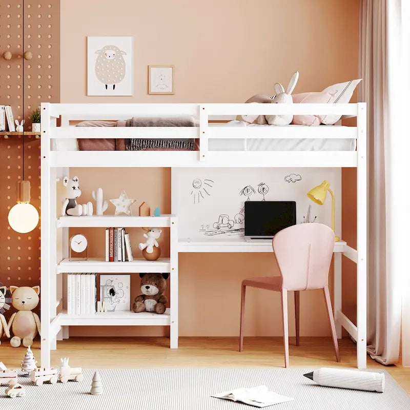 Wooden Loft Bed with Shelves and Desk