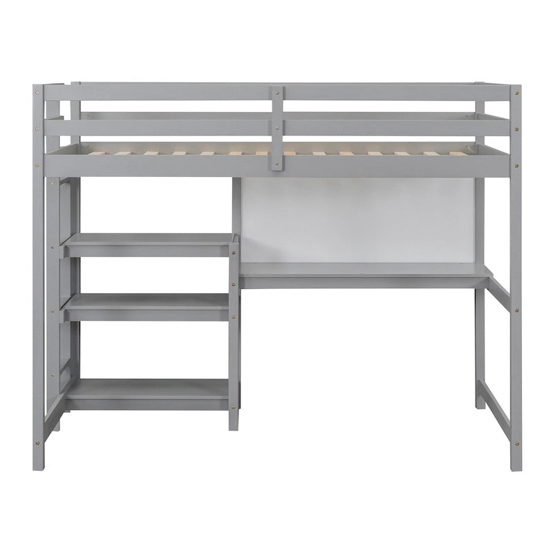 Wooden Loft Bed with Shelves and Desk