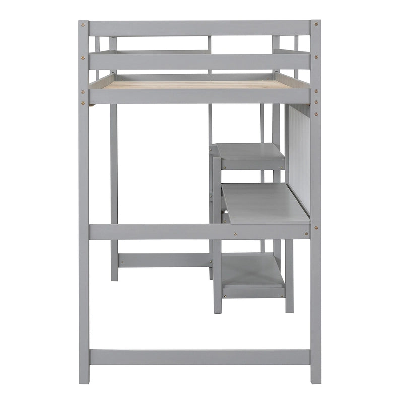 Wooden Loft Bed with Shelves and Desk