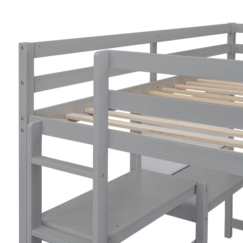 Wooden Loft Bed with Shelves and Desk