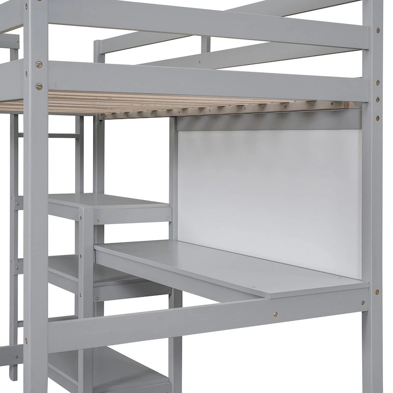 Wooden Loft Bed with Shelves and Desk