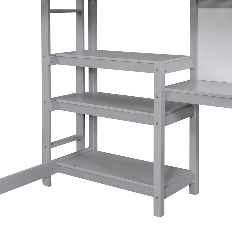Wooden Loft Bed with Shelves and Desk