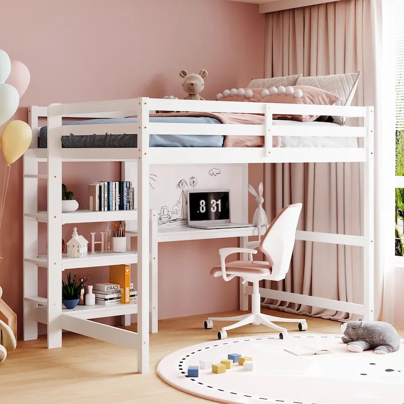 Wooden Loft Bed with Shelves and Desk
