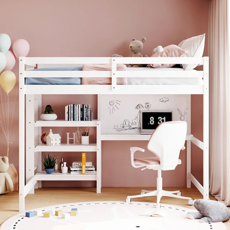 Wooden Loft Bed with Shelves and Desk