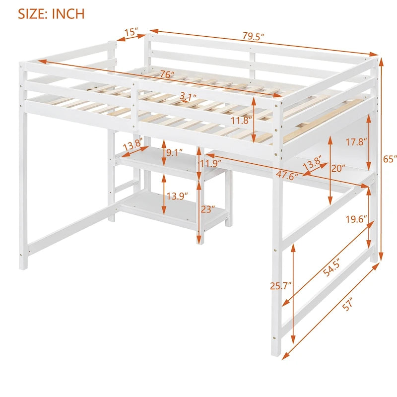 Wooden Loft Bed with Shelves and Desk