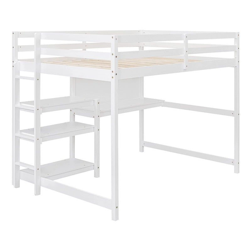 Wooden Loft Bed with Shelves and Desk