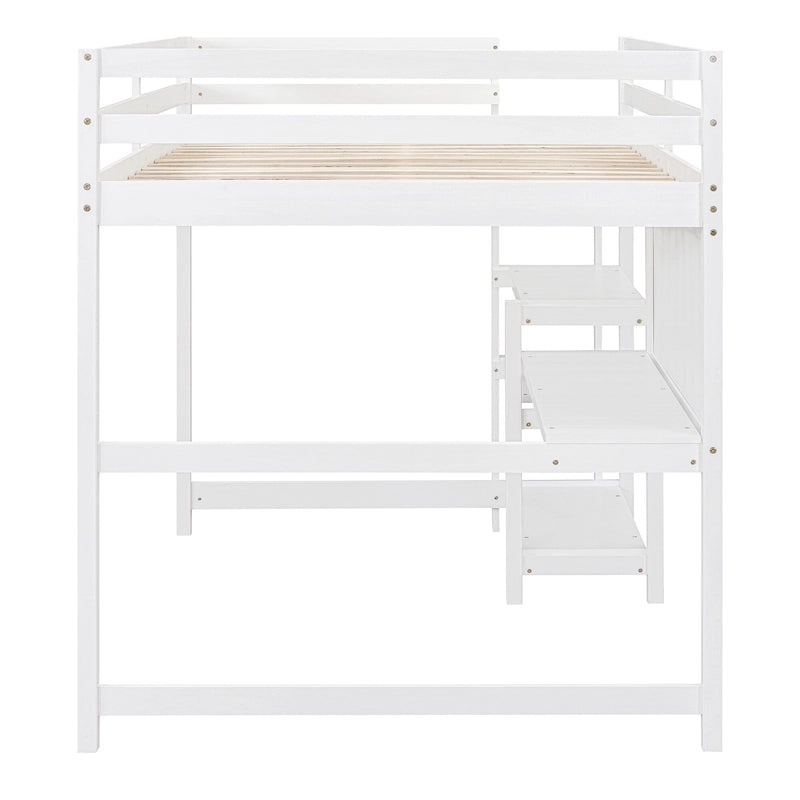 Wooden Loft Bed with Shelves and Desk