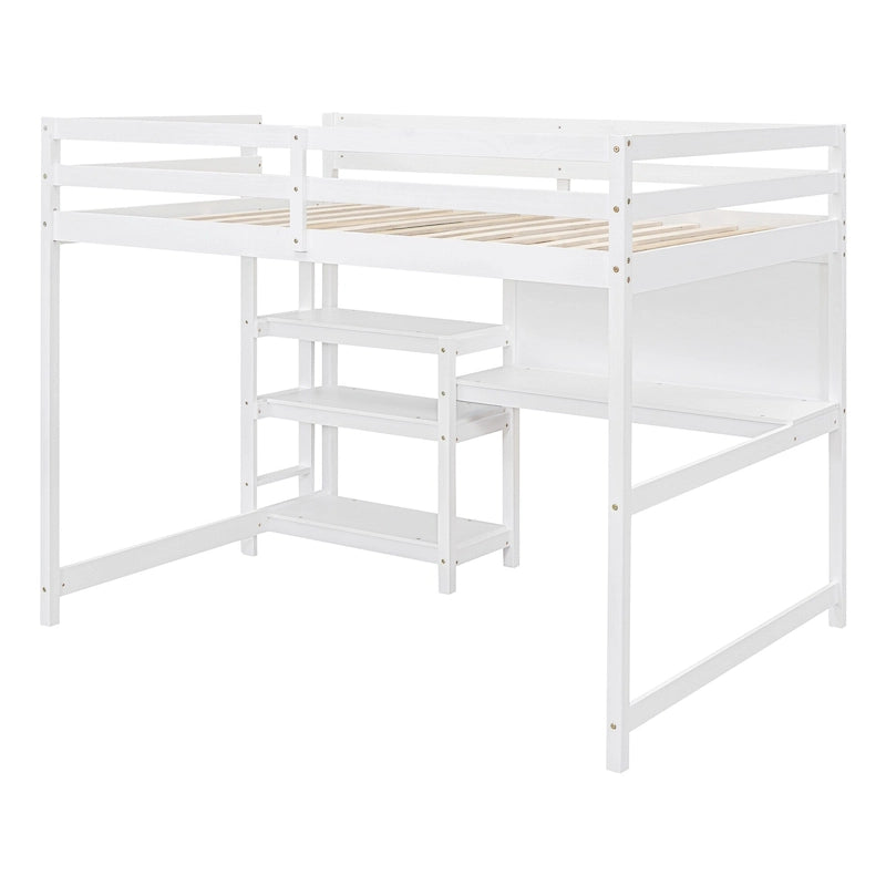 Wooden Loft Bed with Shelves and Desk