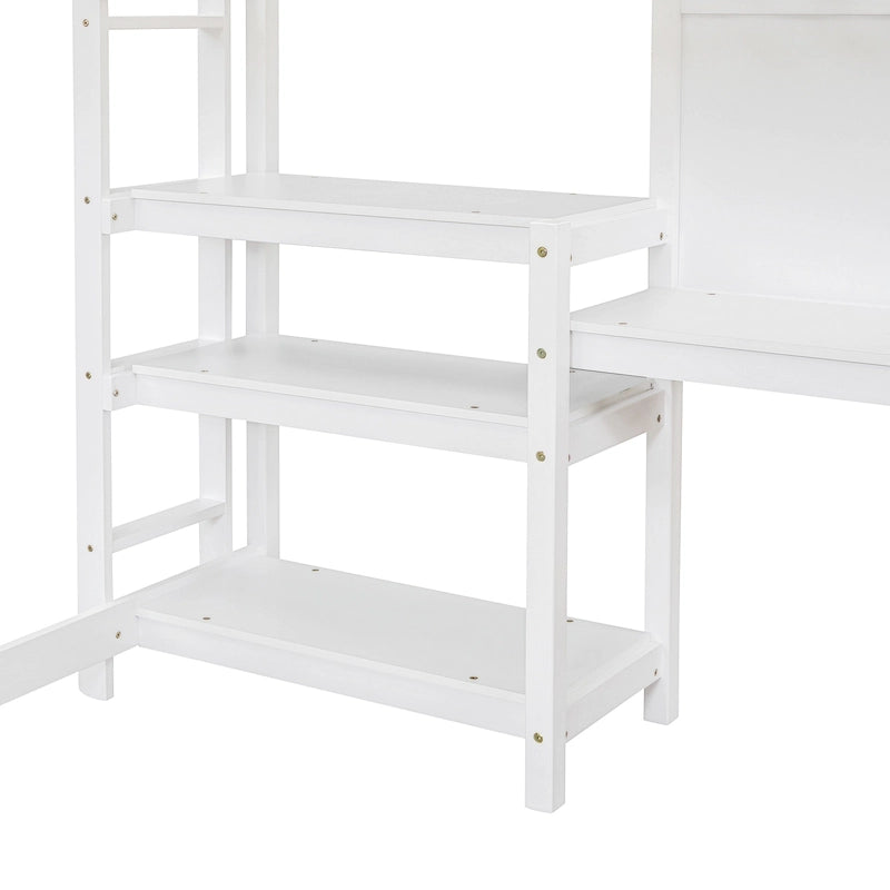 Wooden Loft Bed with Shelves and Desk