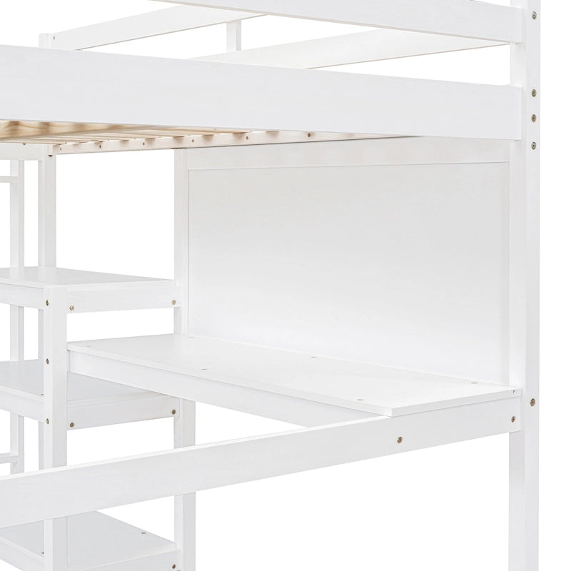 Wooden Loft Bed with Shelves and Desk