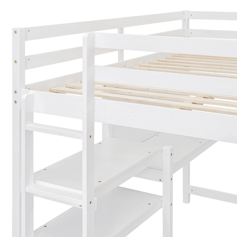 Wooden Loft Bed with Shelves and Desk