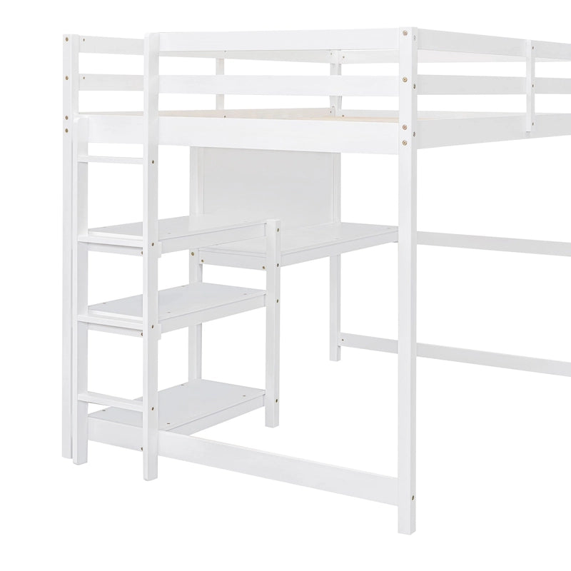 Wooden Loft Bed with Shelves and Desk