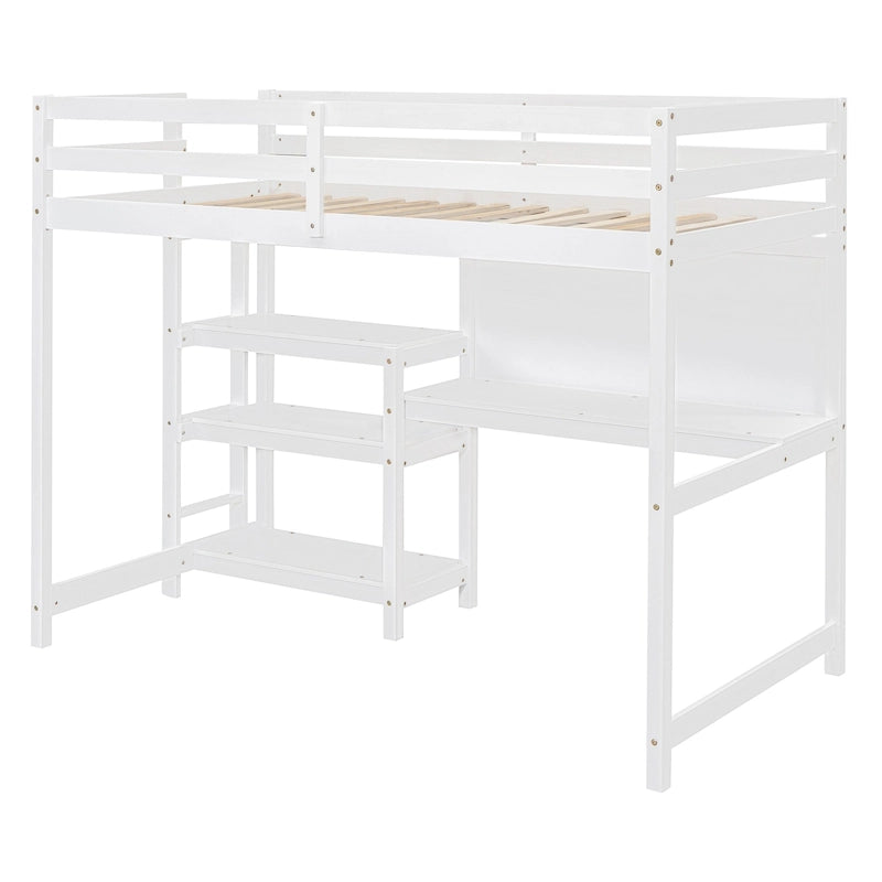 Wooden Loft Bed with Shelves and Desk