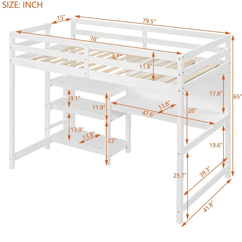 Wooden Loft Bed with Shelves and Desk