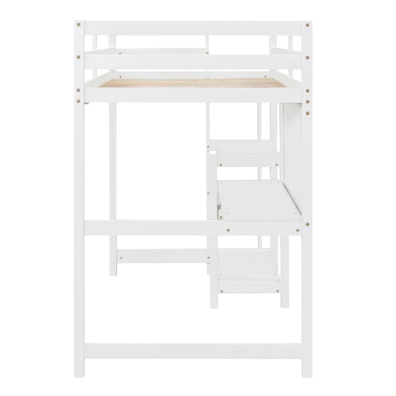 Wooden Loft Bed with Shelves and Desk