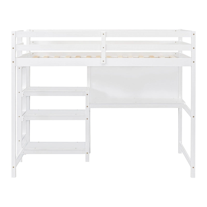 Wooden Loft Bed with Shelves and Desk