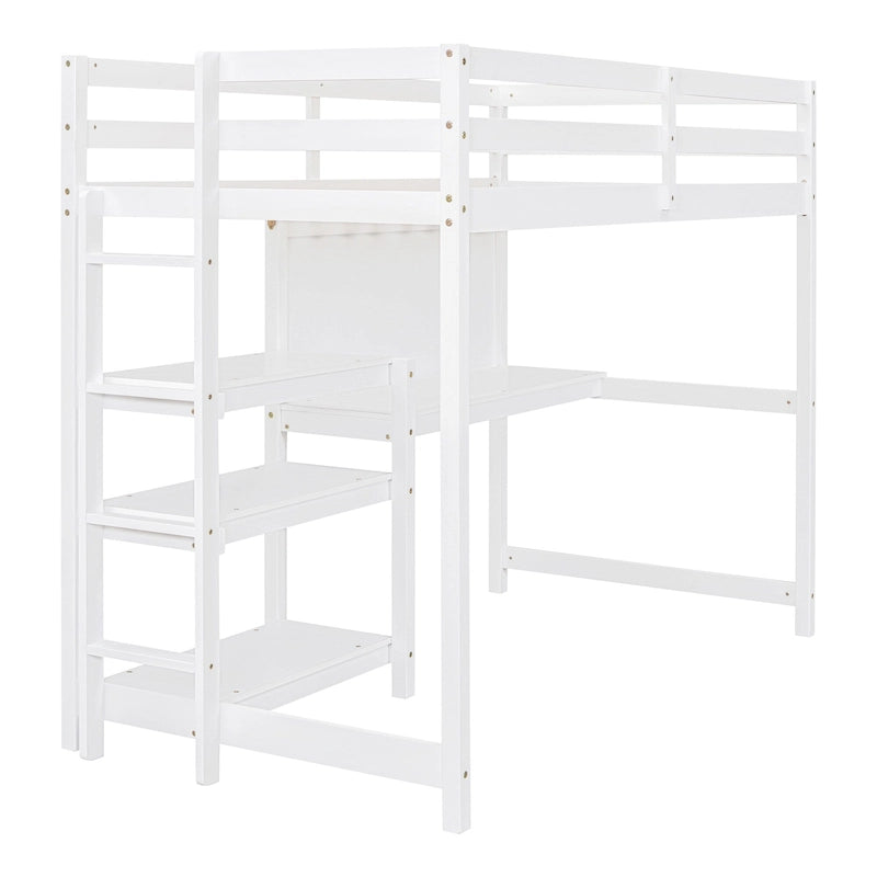 Wooden Loft Bed with Shelves and Desk