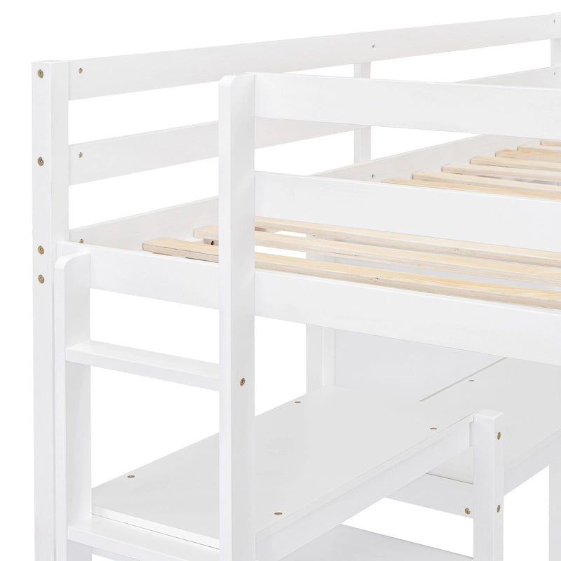 Wooden Loft Bed with Shelves and Desk