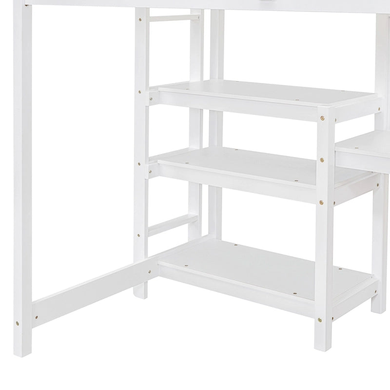 Wooden Loft Bed with Shelves and Desk
