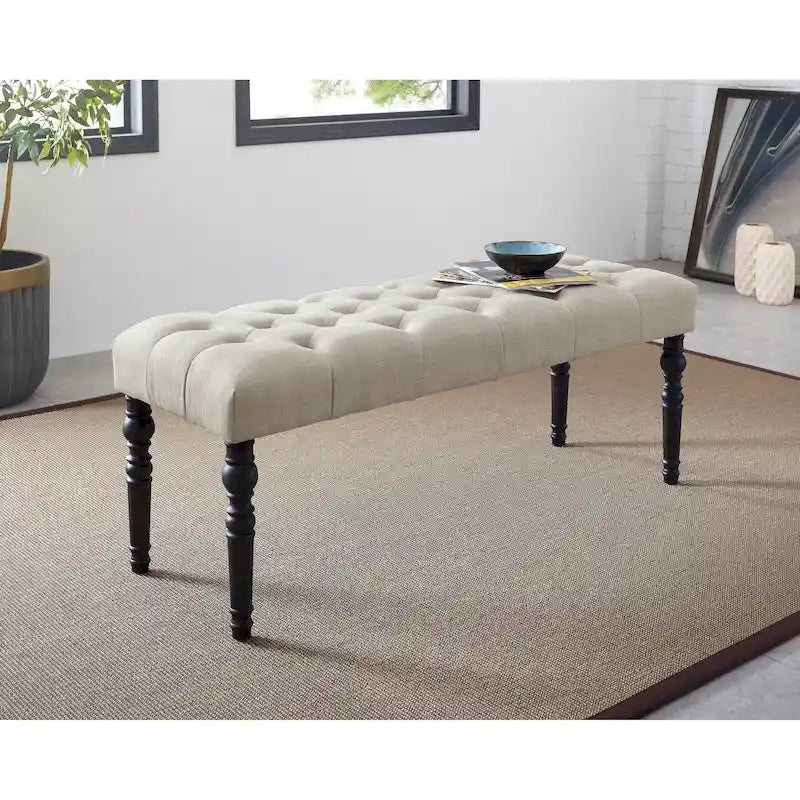 Tufted Fabric Dining Bench with Turned Legs