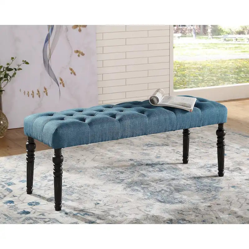 Tufted Fabric Dining Bench with Turned Legs