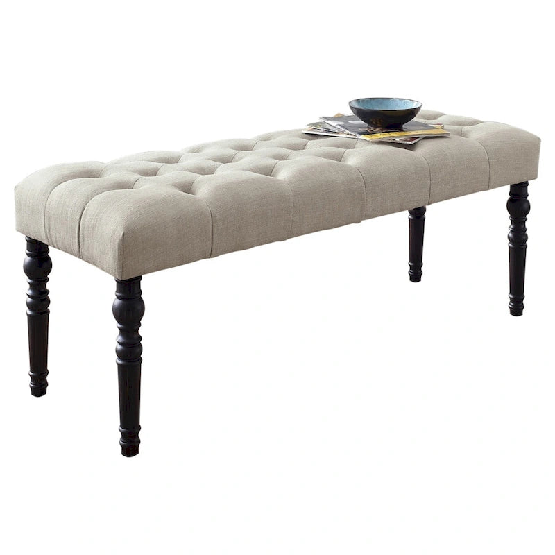 Tufted Fabric Dining Bench with Turned Legs